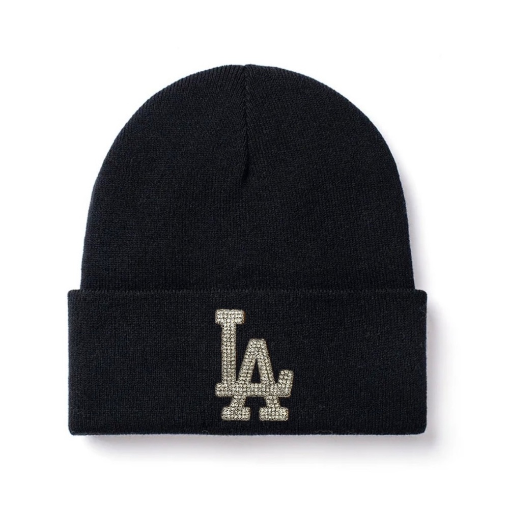 NEW “LA”  Satin lined Beanie with (Silver) Rhinestone Logo.